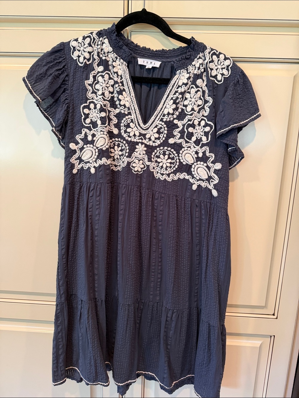 THML Navy Mini Dress with White Floral Embroidery size Large